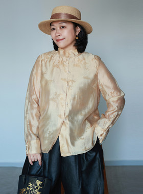 超雅致 竹笺云裳 暗纹提花 超唯美 人丝抗皱 立领长袖新中式衬衣