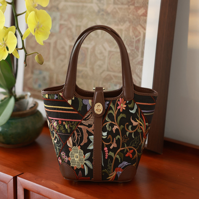 繁花似锦 重工 满绣花卉牛皮菜篮子包 贵族感2用包