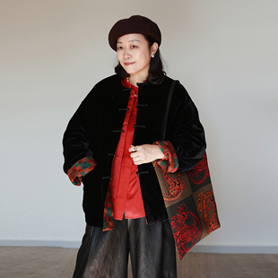 超大气 双面穿 精工盘扣真丝丝绒+香云纱彩格大气新中式棉服外套