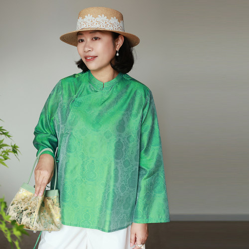 Z好美的果绿 葫芦纹提花 100真丝 花萝锦 新中式9分袖上衣