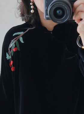 传承！秀外慧中~满眼的精致  绣樱桃枝黑色丝绒斜襟 真丝旗袍上衣