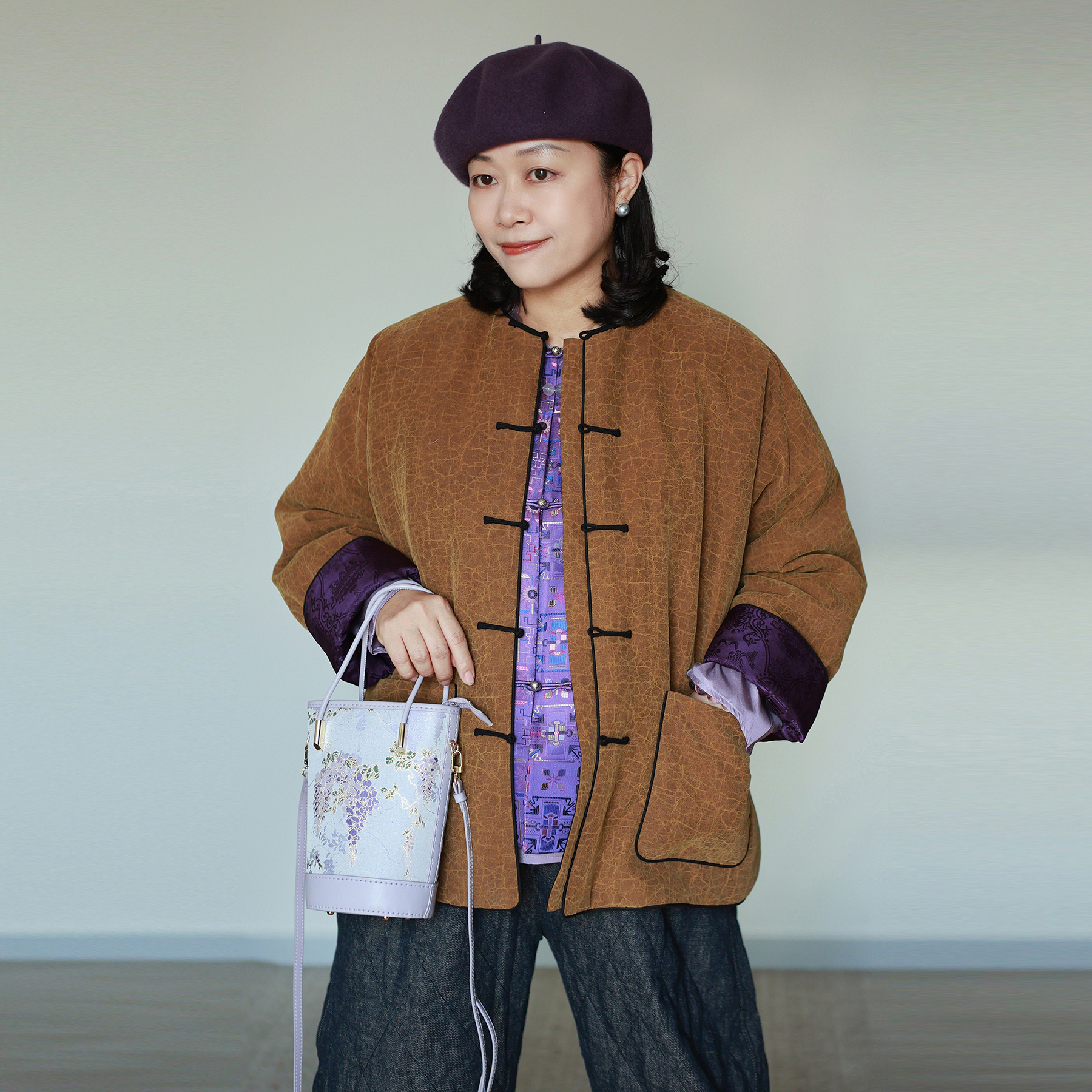 典藏 非遗香云纱 翻紫袖口  夹羽绒棉 减龄适穿手工盘扣中式棉衣