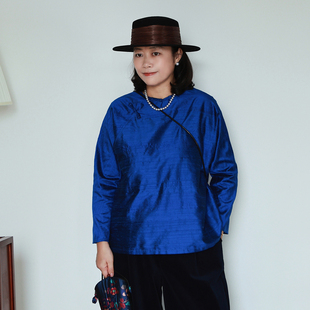 进口双宫 100真丝 超美克莱因蓝 轻新中式旗袍上衣罩衫