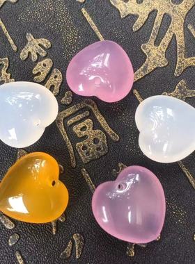 冰种白粉黄玉髓小爱心玉石吊坠 男女宝宝款复古时尚潮流项链饰品