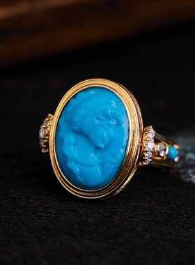 ONDINE-原矿睡美人瓷松复古18k女神卡梅奥雕刻戒指