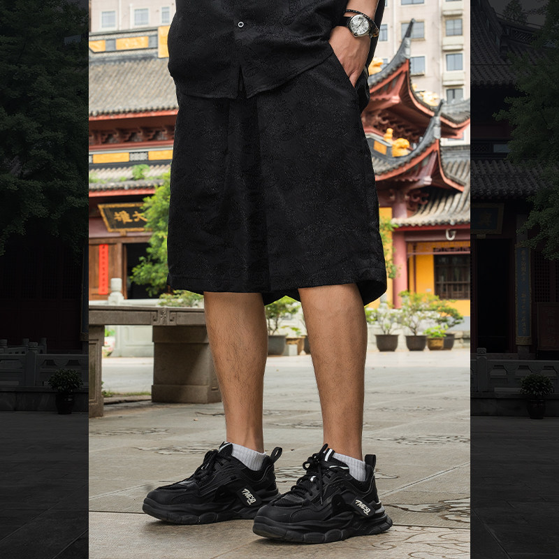 PANMAX/潘·麦克斯男士百搭情侣复古宽松潮流时尚纯色中国风短裤