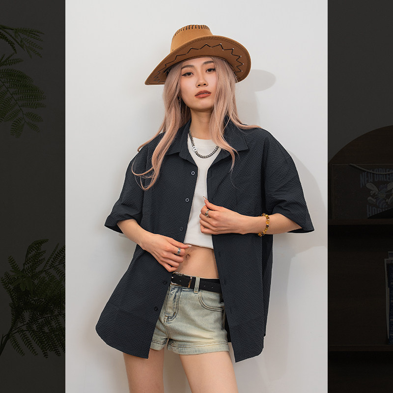 PANMAX/潘·麦克斯宽松大码男装百搭休闲短袖泡泡纱衬衫夹克外套