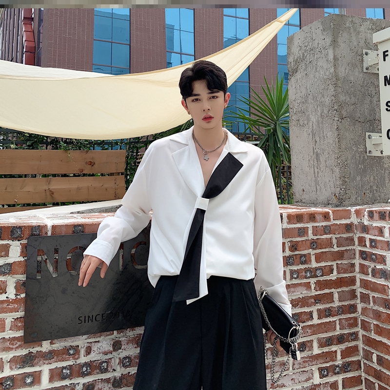 韩风chic撞色西装领结设计感衬衫长袖韩版宽松另类心机感男高级感