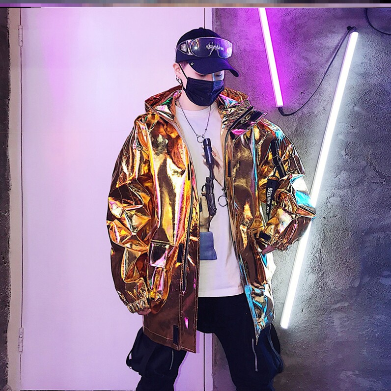 潮牌ins亮银工装夹克男春装飘带情侣外套演出hiphop皮衣嘻哈抖音