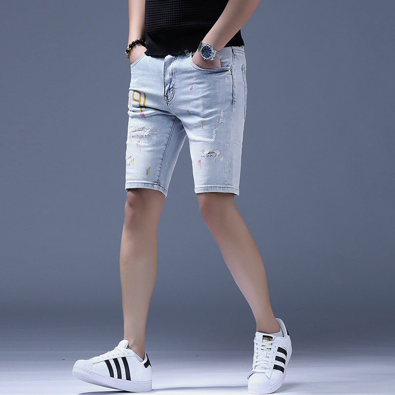 牛仔裤男士夏季日常休闲薄款五分裤潮流个性时尚街头破洞舒适短裤