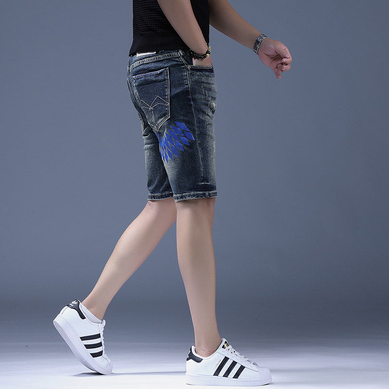 夏季薄款弹力五分牛仔裤男士时尚撞色百搭补丁短裤柔软亲肤直筒裤