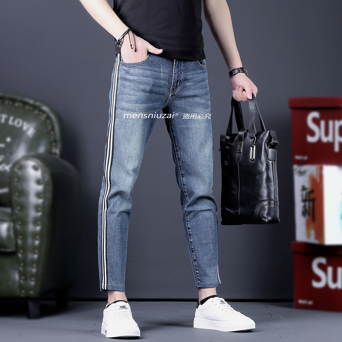 2026春夏新款高端修身牛仔裤男侧边条纹九分裤弹力潮牌百搭长裤子