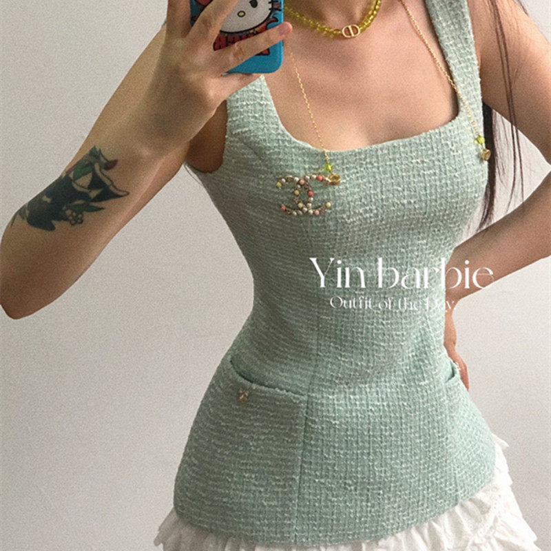 少女通勤小香风方领上衣女夏短袖叠穿辣妹显瘦A字蓬蓬蛋糕裙套装