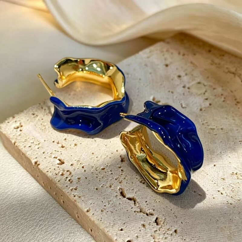 复古蓝色珐琅釉波浪C形圈耳环个性气质金属风不规则异形耳饰品