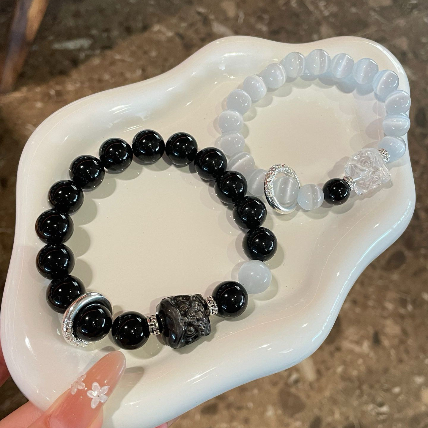 仿天然情侣款黑曜石手链女轻奢小众设计猫眼石手串情人节七夕礼物
