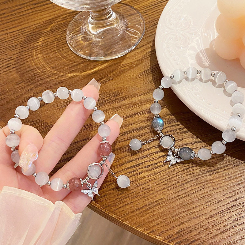 抖音蝴蝶手链ins小众设计人造猫眼石森系清新灰月光手串闺蜜礼物