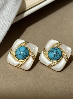 中古风vintage松石白贝母撞色几何耳钉女高级感个性圆角方形耳环