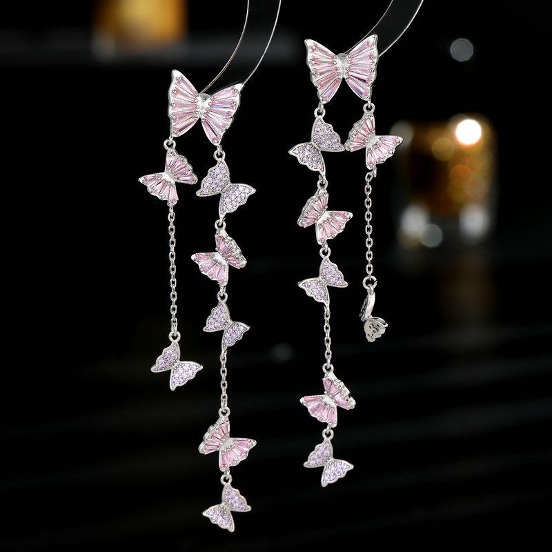 s925银针超仙气质锆石镶嵌修饰脸型耳饰长款流苏漫天飞舞蝴蝶耳环