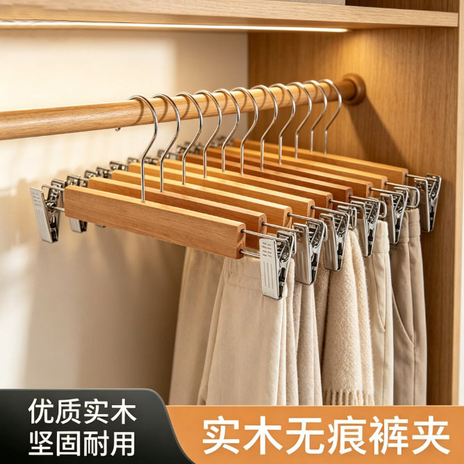 裤架家用无痕收纳挂裤子服装店衣架实木架子西裤夹子木质裤夹