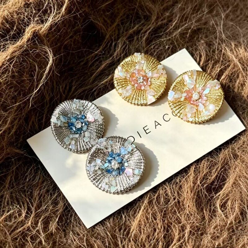 法式中古风天然彩色碎贝几何形耳环小众设计高级感法式个性耳饰品
