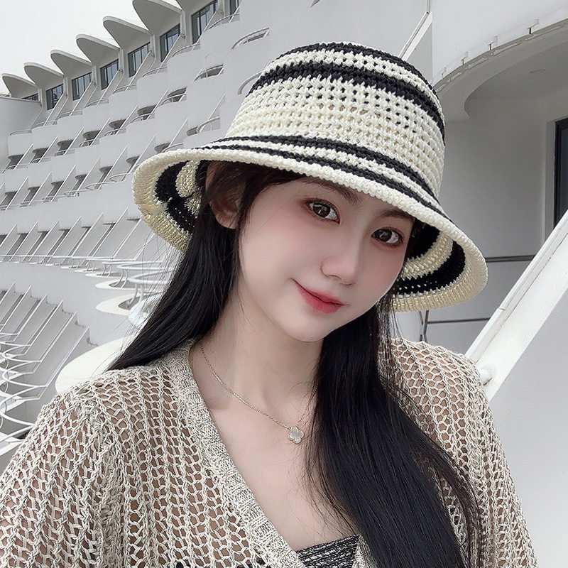 夏季新款条纹帽子女户外显脸小草帽学生遮阳帽度假百搭编织防晒帽