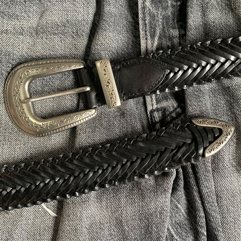 复古绅士牛皮手工编织皮带男女雅痞风真皮腰带三件套雕花扣宽29mm
