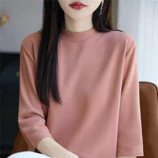 保暖打底衫 宽松显瘦立领短袖 上衣 t恤女七分袖 纯棉磨毛半高领中袖
