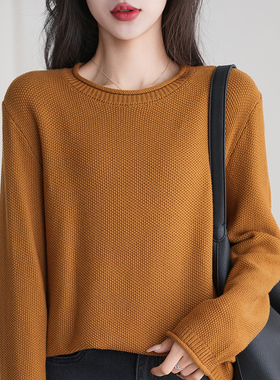 不起球100%纯棉圆领打底衫女内搭宽松毛衣针织衫秋冬新款棉麻上衣