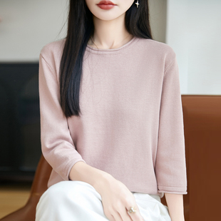 七分袖纯棉线针织衫女半袖T恤春秋圆领宽松显瘦正肩中袖打底上衣