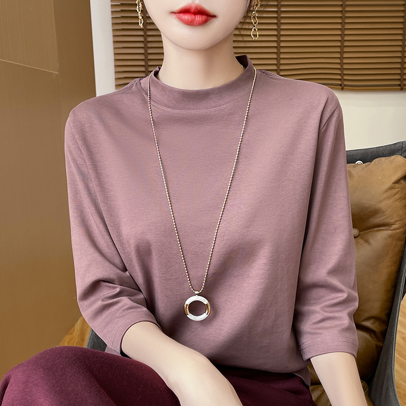 纯棉七分袖t恤女上衣2025新款半高领体恤宽松中袖打底衫内搭春秋