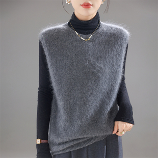 秋冬100纯羊毛拉绒马甲女圆领无袖针织叠穿坎肩宽松羊绒毛衣背心