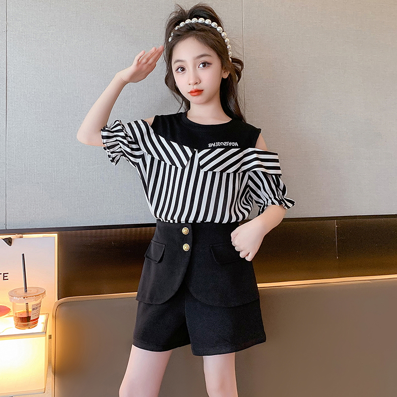 點點西里 2025夏款女童條紋T恤 兒童裝網(wǎng)紅時髦大童半袖上衣套裝
