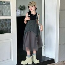 女童夏季裙子2025新款儿童背心牛仔拼接背带裙小女孩夏装裙子套装