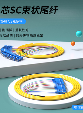 12芯束状尾纤光纤跳线SC/UPC/APC单模不带黄管多模万兆OM3/OM4方口12色跳纤熔纤盘光纤线集束单头尾缆电信级