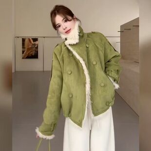 复古立领仿皮毛一体短外套女秋冬新款 夹克上衣 加厚羊羔毛机车工装