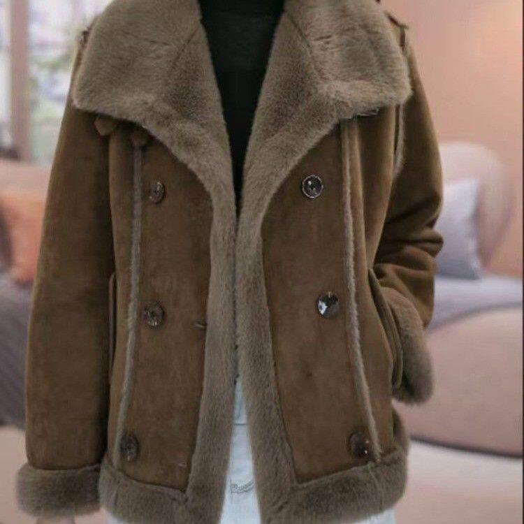 冬季2025秋冬新款加绒时尚皮毛一体加厚外套宽松洋气妈妈上衣保暖