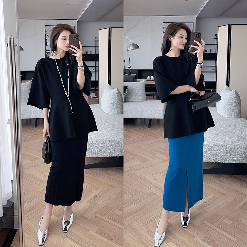 潮流修身显瘦上衣简约气质立体剪裁收腰中袖+时尚休闲裤子女黑色