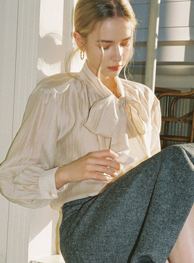 Into Fiction 双层天丝蝴蝶结高级感气质通勤长袖法式系带衬衫