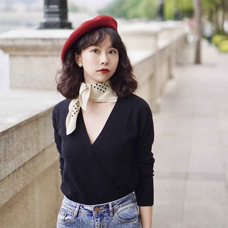 into fiction法式心机交叠v领百搭黑色红色灰色纯羊毛针织衫毛衣