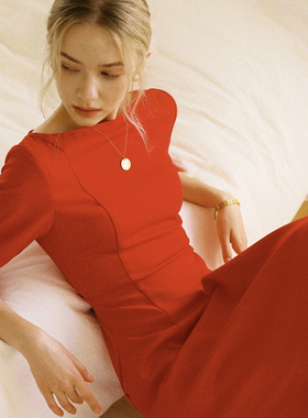 可机洗羊毛修身大摆裙跨年氛围感穿搭新年圣诞红色长袖连衣裙