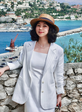 Into Fiction法式醋酸复古简约白色条纹高级感通勤宽松西装外套