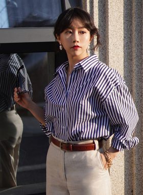 Into Fiction 法式时髦高级感宽松好廓形显瘦藏蓝白条纹棉质衬衫