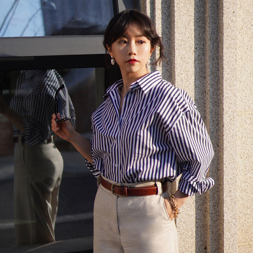 宽松廓形时髦老钱条纹衬衫