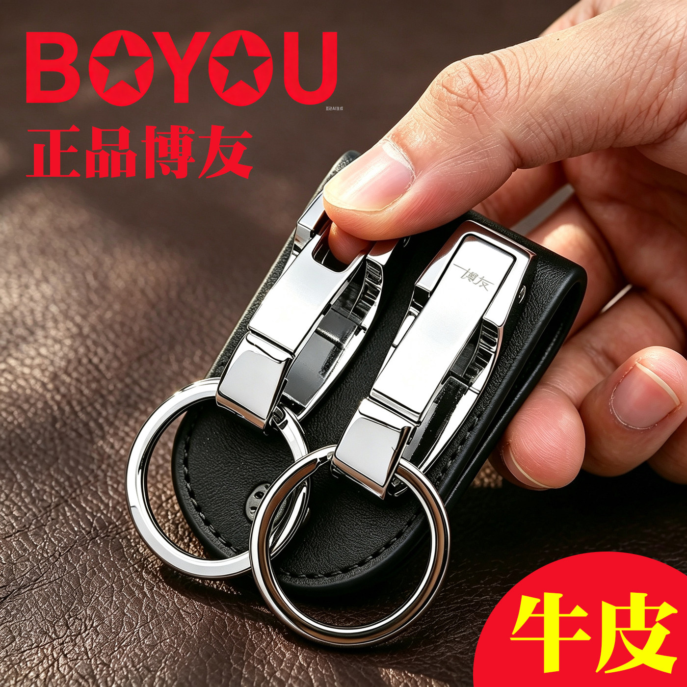 博友真皮牛皮单环双环皮带钥匙扣男士腰挂 汽车腰式扣 创意钥匙链