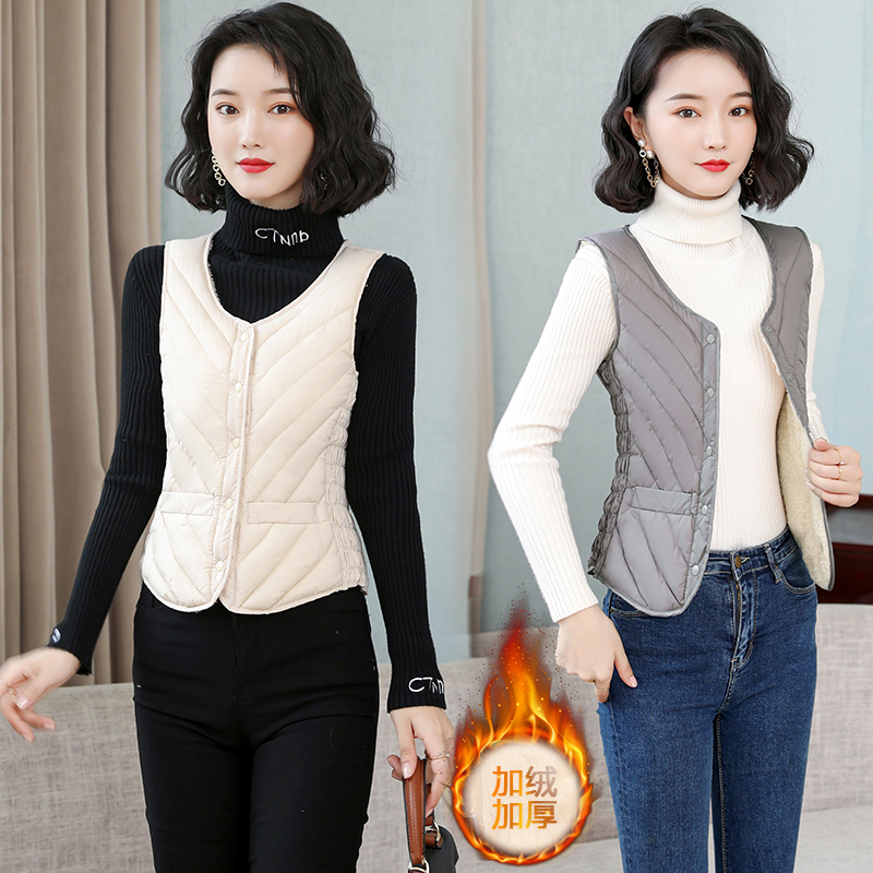 秋冬新款加绒羽绒棉马甲女士短款保暖加厚背心羊羔绒修身内穿马夹