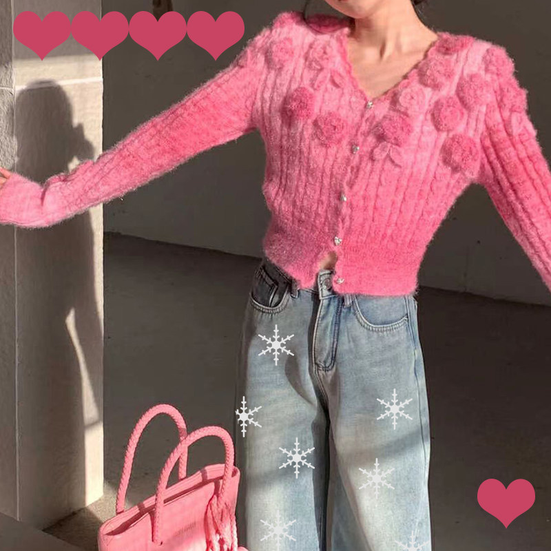 超仙的立体花朵V领长袖修身甜美毛针织衫