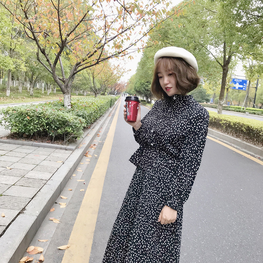 碎花长袖连衣裙定制文艺复古雪纺连衣裙