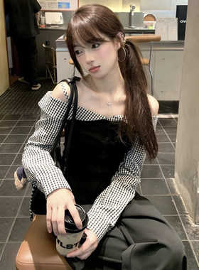 纯欲风韩系假两件格子拼接长袖T恤女秋季新款设计感吊带露肩上衣