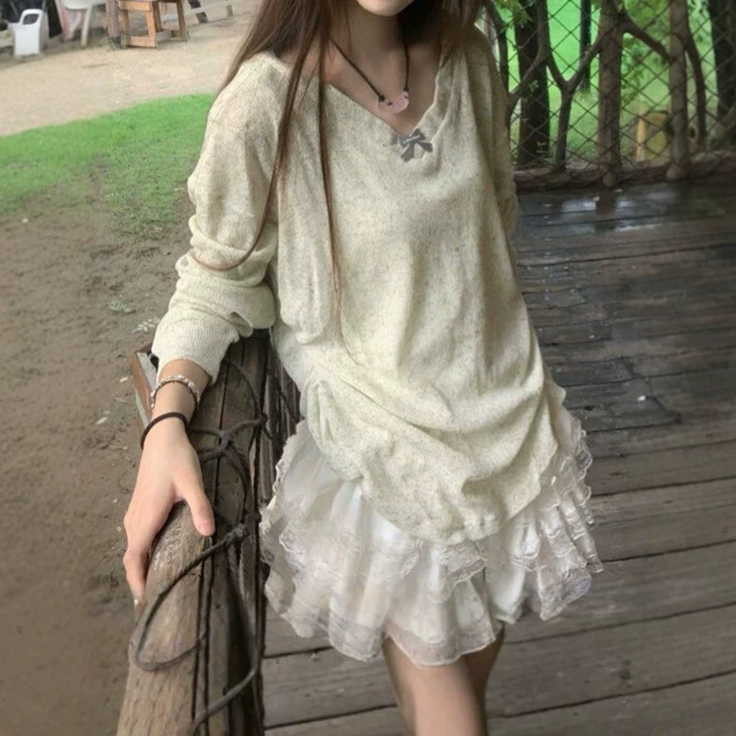 韩系温柔甜美风V领蝴蝶结罩衫长长袖T恤