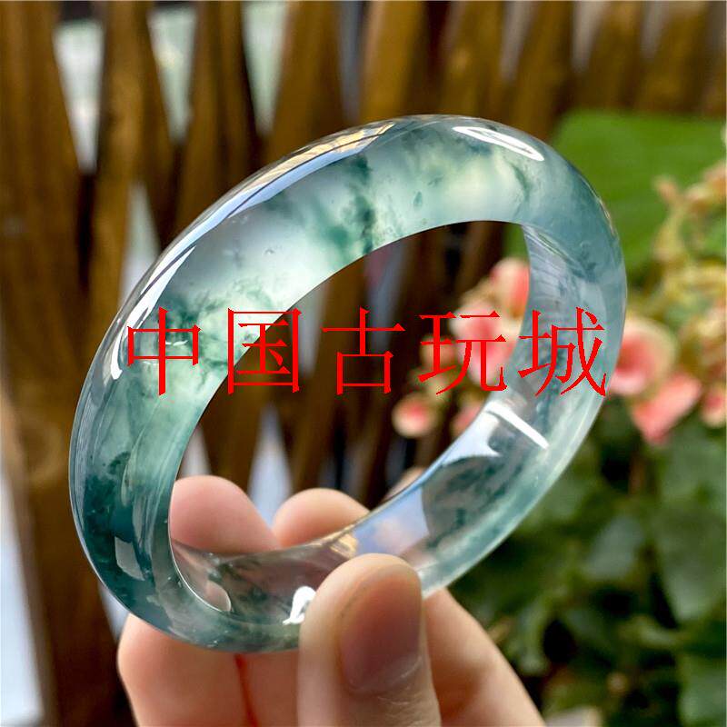 冰种飘花翡翠色手镯子缅甸精选正圈女贵妃精品飘蓝花翡翠玉镯送礼